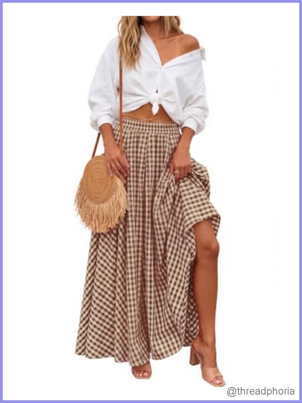 Women's Gingham Maxi Skirt A-Line Flared Skirt with Pocket